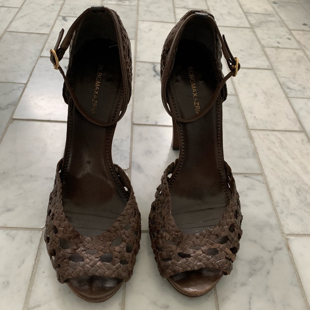 Dark brown, braided leather heels